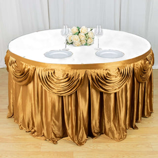 Create a Luxurious Ambiance with the 14ft Gold Pleated Satin Double Drape Table Skirt Create a Luxurious Ambiance with the 14ft Gold Pleated Satin Double Drape Table Skirt