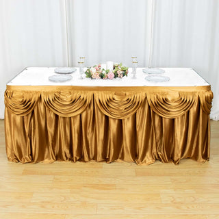 Transform Your Table with the 14ft Gold Pleated Satin Double Drape Table Skirt Transform Your Table with the 14ft Gold Pleated Satin Double Drape Table Skirt