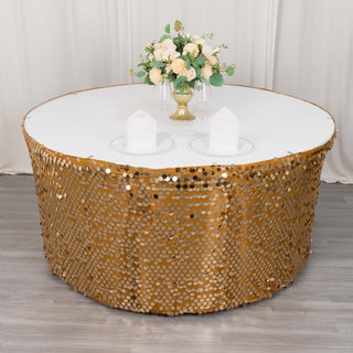 Indulge in the Extravagance of the 21ft Gold Premium Big Payette Sequin Dual Layered Satin Table Skirt Indulge in the Extravagance of the 21ft Gold Premium Big Payette Sequin Dual Layered Satin Table Skirt