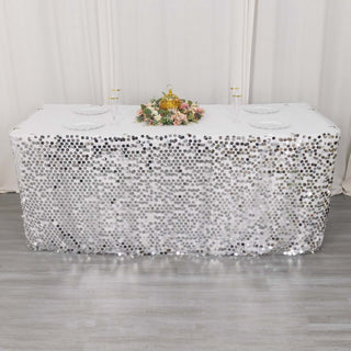 21ft Silver Premium Big Payette Sequin Dual Layered Satin Table Skirt 21ft Silver Premium Big Payette Sequin Dual Layered Satin Table Skirt