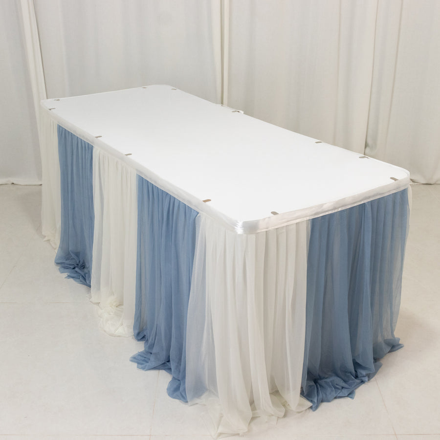 14ft Sheer Chiffon Table Skirt - Dusty Blue / Ivory Pleated Ruffle Skirting