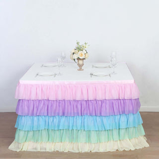 Elevate Your Event with the 14ft Rainbow Chiffon Ruffled Tutu Table Skirt Elevate Your Event with the 14ft Rainbow Chiffon Ruffled Tutu Table Skirt