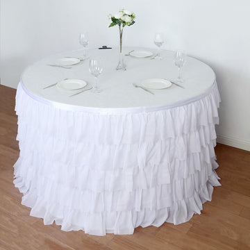 14ft 5-Tier White Chiffon Ruffled Tutu Wedding Table Skirt with Satin Backing