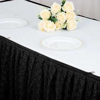 Create an Unforgettable Atmosphere with the 14ft Black Premium Pleated Lace Table Skirt Create an Unforgettable Atmosphere with the 14ft Black Premium Pleated Lace Table Skirt