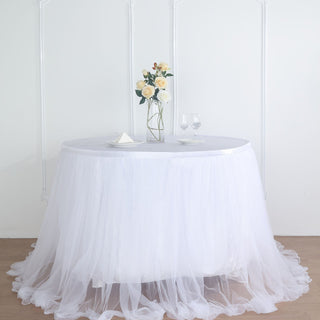 Create Unforgettable Memories with the 14ft White Extra Long 48" Two Layered Tulle and Satin Table Skirt Create Unforgettable Memories with the 14ft White Extra Long 48" Two Layered Tulle and Satin Table Skirt