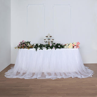 Enhance Your Event Decor with the 14ft White Extra Long 48" Two Layered Tulle and Satin Table Skirt Enhance Your Event Decor with the 14ft White Extra Long 48" Two Layered Tulle and Satin Table Skirt