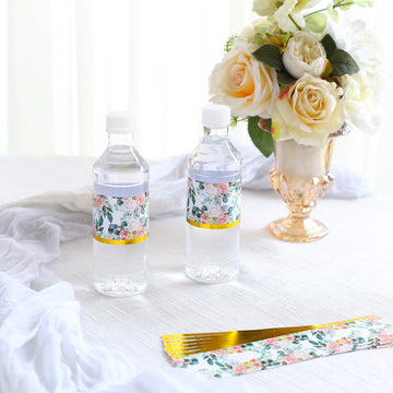 24 Pack White Pink Peony Floral Water Bottle Stickers with Gold Trim, Waterproof Paper Label