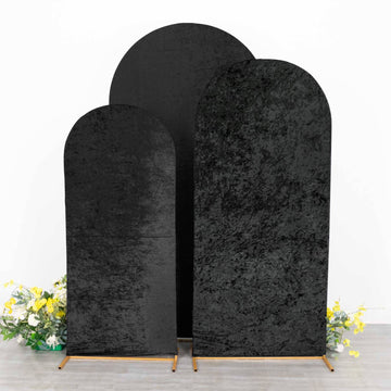 Set of 3 Black Crushed Velvet Chiara Backdrop Stand Covers For Round Top Wedding Arches - 5ft, 6ft, 7ft
