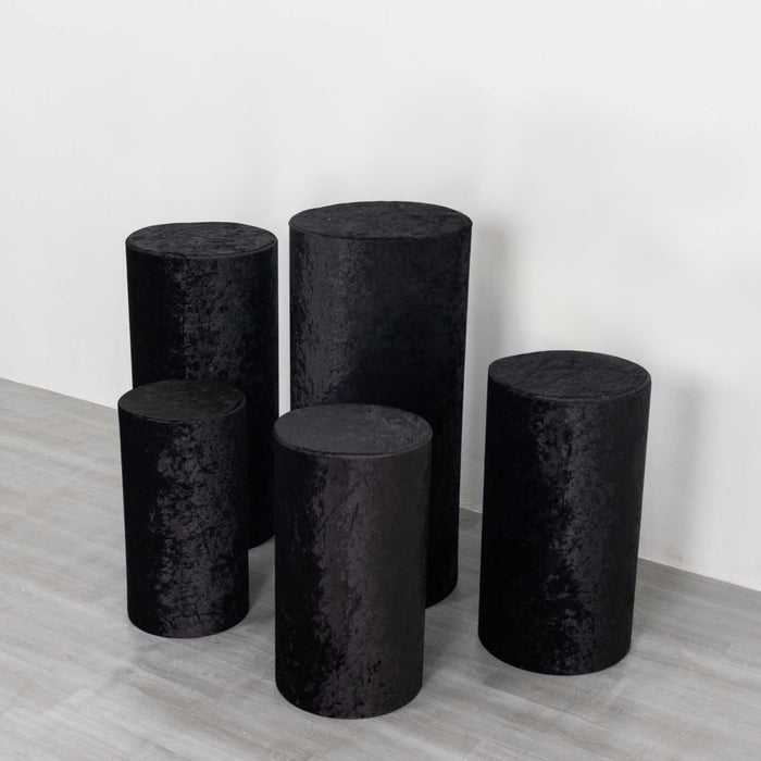Set of 5 Black Crushed Velvet Cylinder Pillar Prop Covers, Premium Pedestal Plinth Display Box Stand