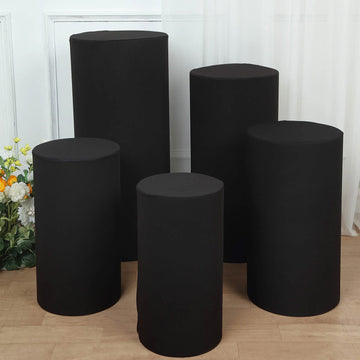 Set of 5 Black Cylinder Stretch Fitted Pedestal Pillar Prop Covers, Spandex Plinth Display Box Stand Covers - 160 GSM