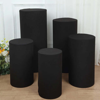 Elevate Your Event with Black Cylinder Stretch Fitted Pedestal Pillar Prop Covers Elevate Your Event with Black Cylinder Stretch Fitted Pedestal Pillar Prop Covers