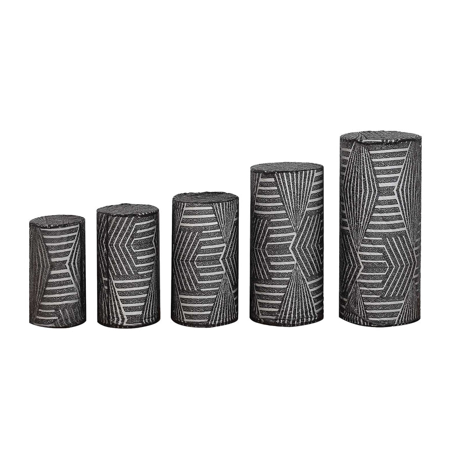 Set of 5 Black Sequin Mesh Cylinder Display Box Stand Covers Geometric Pattern Embroidery#whtbkgd