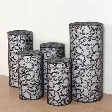 Set of 5 Black Sequin Mesh Cylinder Pedestal Pillar Prop Covers with Leaf Vine Embroidery, Sparkly Sheer Tulle Display Box Stand Covers