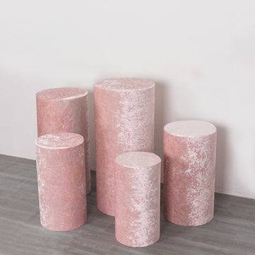 Set of 5 Blush Crushed Velvet Cylinder Pillar Prop Covers, Premium Pedestal Plinth Display Box Stand Covers