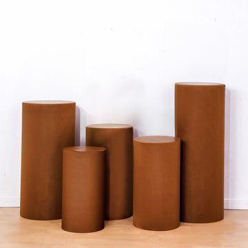 Set of 5 Cinnamon Brown Cylinder Stretch Fitted Pedestal Pillar Prop Covers, Spandex Plinth Display Box Stand Covers - 160 GSM