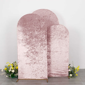 Set of 3 Dusty Rose Crushed Velvet Chiara Backdrop Stand Covers For Round Top Wedding Arches - 5ft, 6ft, 7ft