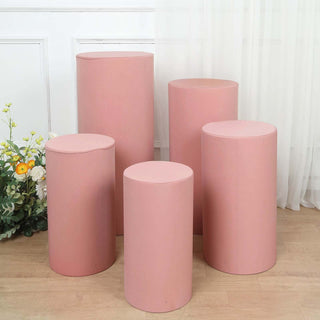 Elevate Your Event with Dusty Rose Cylinder Stretch Fitted Pedestal Pillar Prop Covers Elevate Your Event with Dusty Rose Cylinder Stretch Fitted Pedestal Pillar Prop Covers