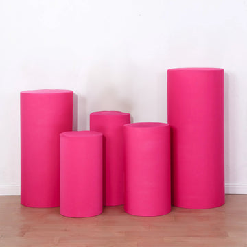 Set of 5 Fuchsia Cylinder Stretch Fitted Pedestal Pillar Prop Covers, Spandex Plinth Display Box Stand Covers - 160 GSM