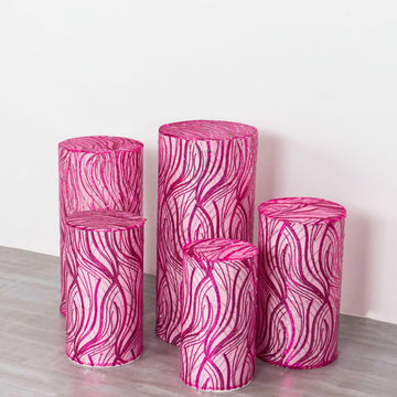 Set of 5 Fuchsia Silver Wave Mesh Cylinder Pedestal Prop Covers With Embroidered Sequins, Premium Pillar Display Box Stand Covers