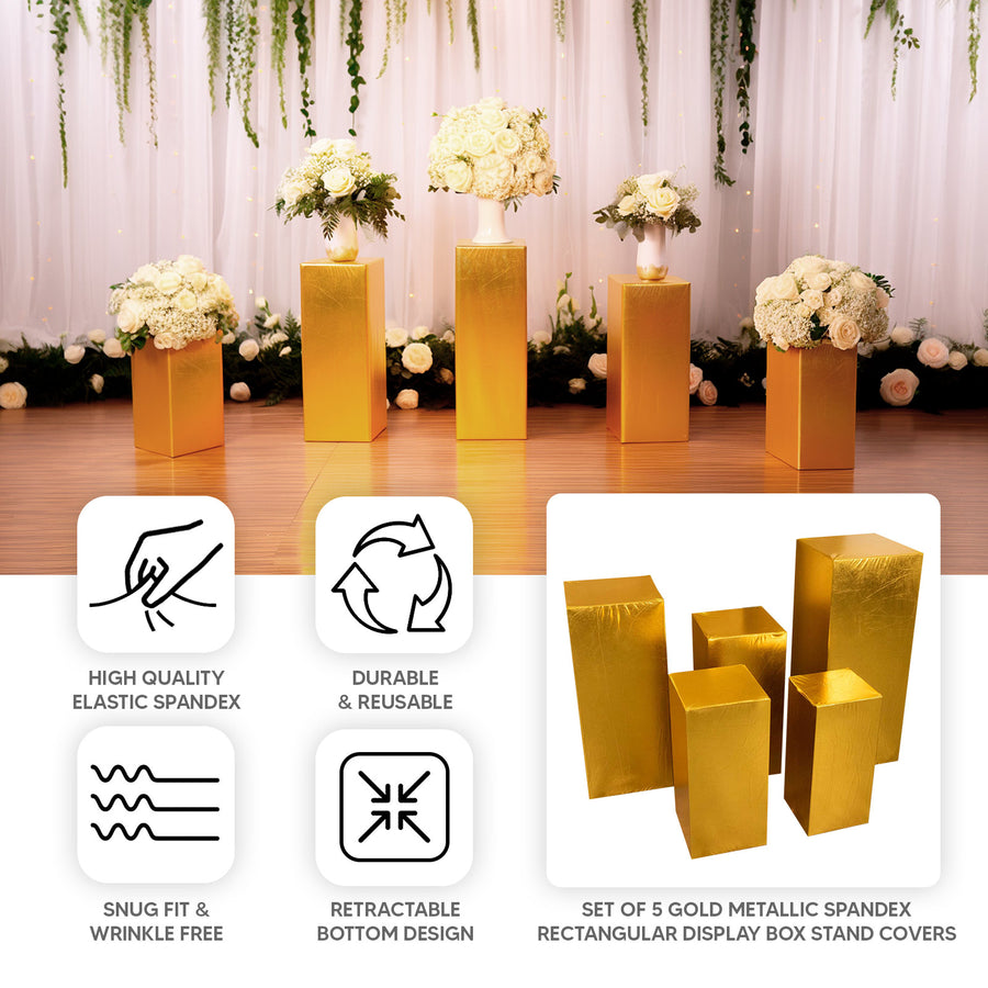 Set of 5 Gold Metallic Spandex Rectangular Pedestal Pillar Prop Covers