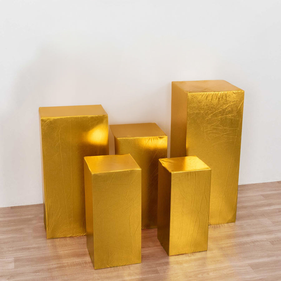 Set of 5 Gold Metallic Spandex Rectangular Pedestal Pillar Prop Covers
