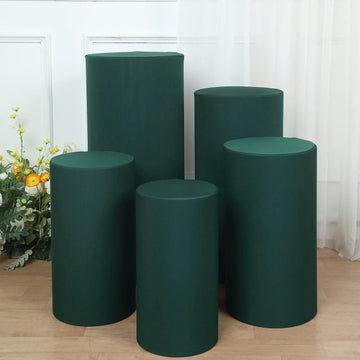 Set of 5 Hunter Emerald Green Cylinder Stretch Fitted Pedestal Pillar Prop Covers, Spandex Plinth Display Box Stand Covers - 160 GSM