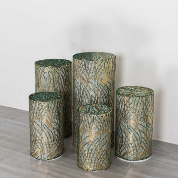 Set of 5 Hunter Green Wave Mesh Cylinder Pedestal Prop Covers With Gold Embroidered Sequins, Premium Emerald Pillar Display Box Stand Covers