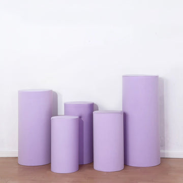 Set of 5 Lavender Cylinder Stretch Fitted Pedestal Pillar Prop Covers, Spandex Plinth Display Box Stand Covers - 160 GSM