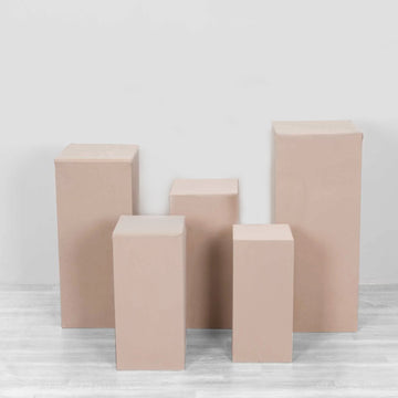 Set of 5 Nude Rectangular Stretch Fitted Pedestal Pillar Prop Covers, Spandex Plinth Display Box Stand Covers - 160 GSM