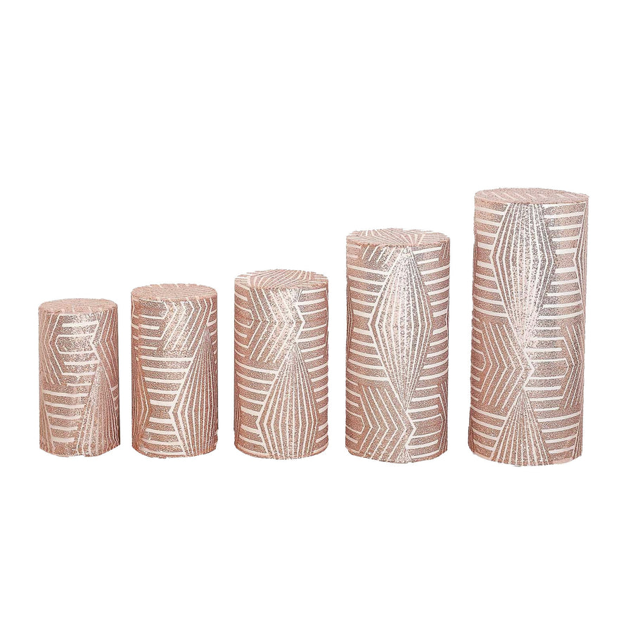 Set of 5 Rose Gold Sequin Mesh Cylinder Pedestal Pillar Prop Covers with Geometric Pattern#whtbkgd