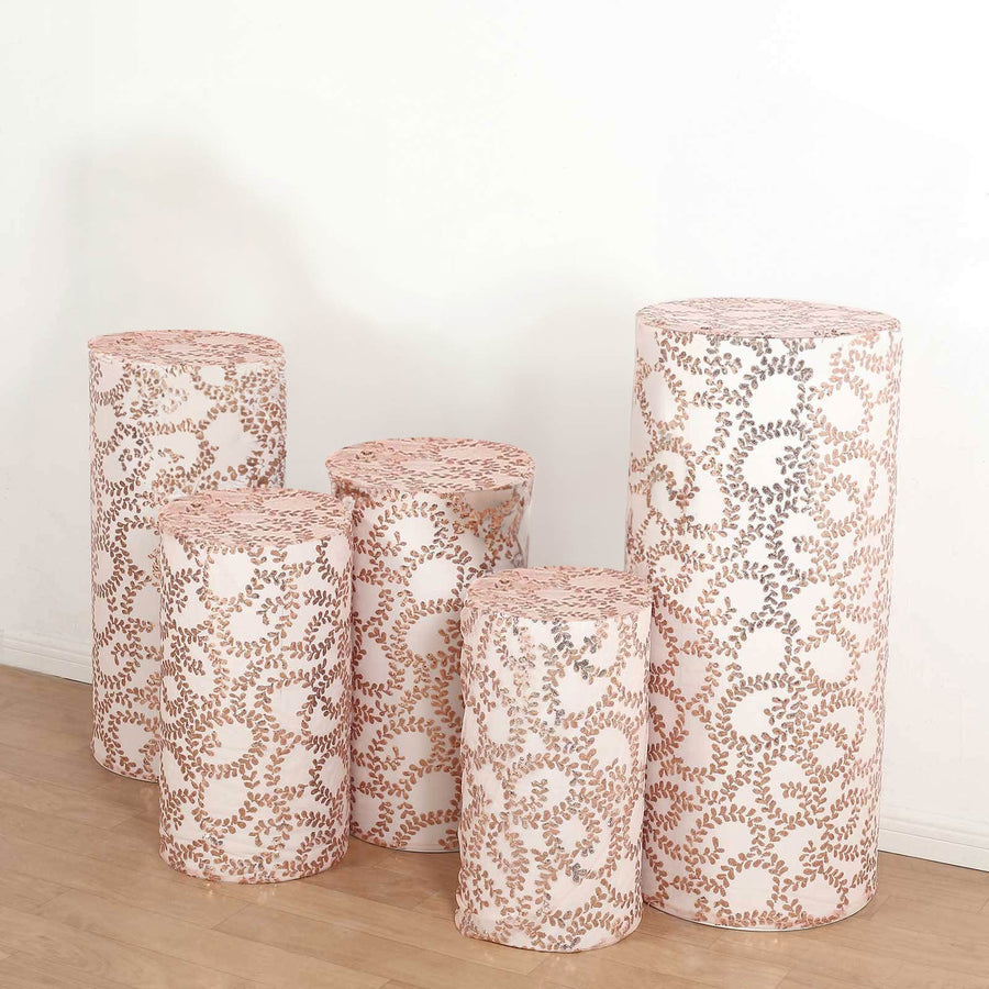 Set of 5 Rose Gold Sequin Mesh Cylinder Pedestal Pillar Prop Covers with Leaf Vine Embroidery
