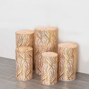 Set of 5 Rose Gold Wave Mesh Cylinder Pedestal Prop Covers With Gold Embroidered Sequins, Premium Pillar Display Box Stand Covers