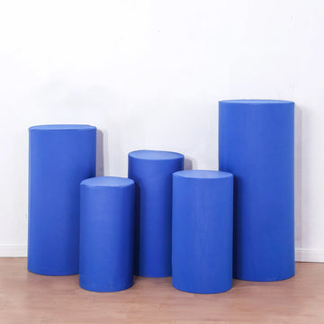 Set of 5 Royal Blue Cylinder Stretch Fitted Pedestal Pillar Prop Covers, Spandex Plinth Display Box Stand Covers - 160 GSM