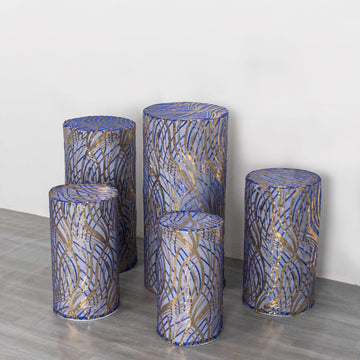 Set of 5 Royal Blue Gold Wave Mesh Cylinder Pedestal Prop Covers With Embroidered Sequins, Premium Pillar Display Box Stand Covers