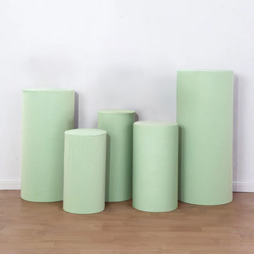 Set of 5 Sage Green Cylinder Stretch Fitted Pedestal Pillar Prop Covers, Spandex Plinth Display Box Stand Covers - 160 GSM