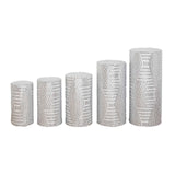 Set of 5 Silver Sequin Mesh Cylinder Pedestal Pillar Prop Covers with Geometric Pattern#whtbkgd