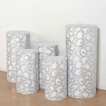 Set of 5 Silver Sequin Mesh Cylinder Pedestal Pillar Prop Covers with Leaf Vine Embroidery, Sparkly Sheer Tulle Display Box Stand Covers