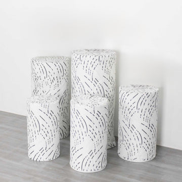 Set of 5 White Black Wave Mesh Cylinder Pedestal Prop Covers With Embroidered Sequins, Premium Pillar Display Box Stand Covers