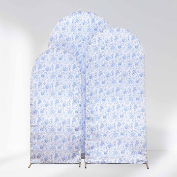 Set of 3 White Blue Satin Chiara Wedding Arch Covers With Chinoiserie Floral Print, Fitted Covers For Round Top Backdrop Stands - 5ft,6ft,7ft