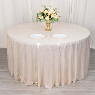 Elevate Your Event with the Beige Shimmer Sequin Dots Polyester Tablecloth Elevate Your Event with the Beige Shimmer Sequin Dots Polyester Tablecloth