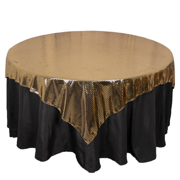 Shiny Black Gold Foil Polyester Table Overlay Disco Mirror Ball Theme, Linen Table Topper - 72"x72"