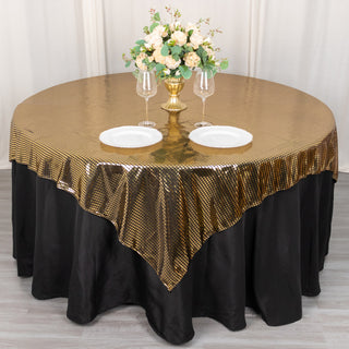 Elevate Your Event with the Shiny Black Gold Foil Polyester Table Overlay