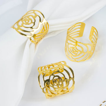 4 Pack Shiny Gold Laser Cut Rose Round Metal Napkin Rings, Decorative Flower Napkin Holders