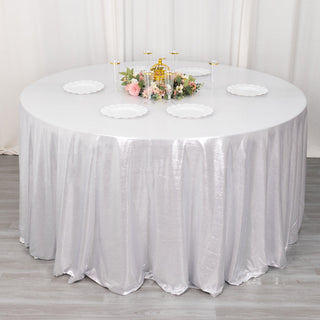 Create an Atmosphere of Enchantment with our Elegant Silver Shimmer Sequin Dots Tablecloth