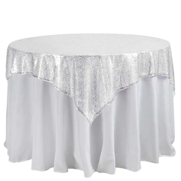 60"x60" Silver Duchess Sequin Square Table Overlay
