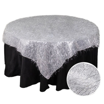 72" Silver Metallic Fringe Shag Tinsel Square Polyester Table Overlay