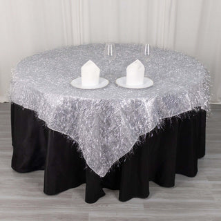Add Elegance to Your Event with the Silver Metallic Fringe Shag Tinsel Table Overlay Add Elegance to Your Event with the Silver Metallic Fringe Shag Tinsel Table Overlay