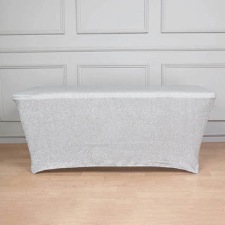 Add Glamour to Your Event with the 72"x30" Silver Metallic Shimmer Tinsel Spandex Table Cover Add Glamour to Your Event with the 72"x30" Silver Metallic Shimmer Tinsel Spandex Table Cover