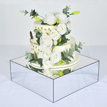14"x14" Silver Mirror Finish Acrylic Pedestal Riser, Cake Display Box Stand with Hollow Bottom