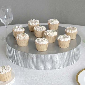 16" Silver Rhinestones Round Metal Pedestal Cake Stand, Cupcake Holder Dessert Table Display Centerpiece